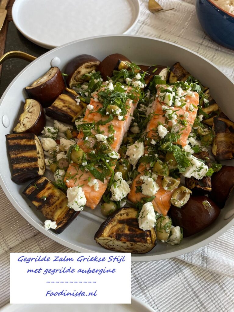 Griekse zalm met aubergine grillen in de GreenPan Padova grillpan - Foodblog Foodinista
